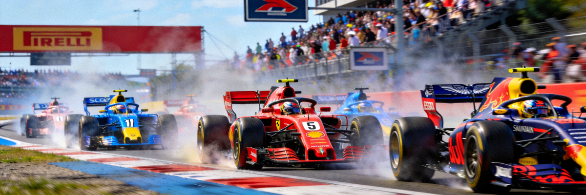 F1赛车在赛道上极速飞驰，多辆赛车在弯道中竞逐的直播画面